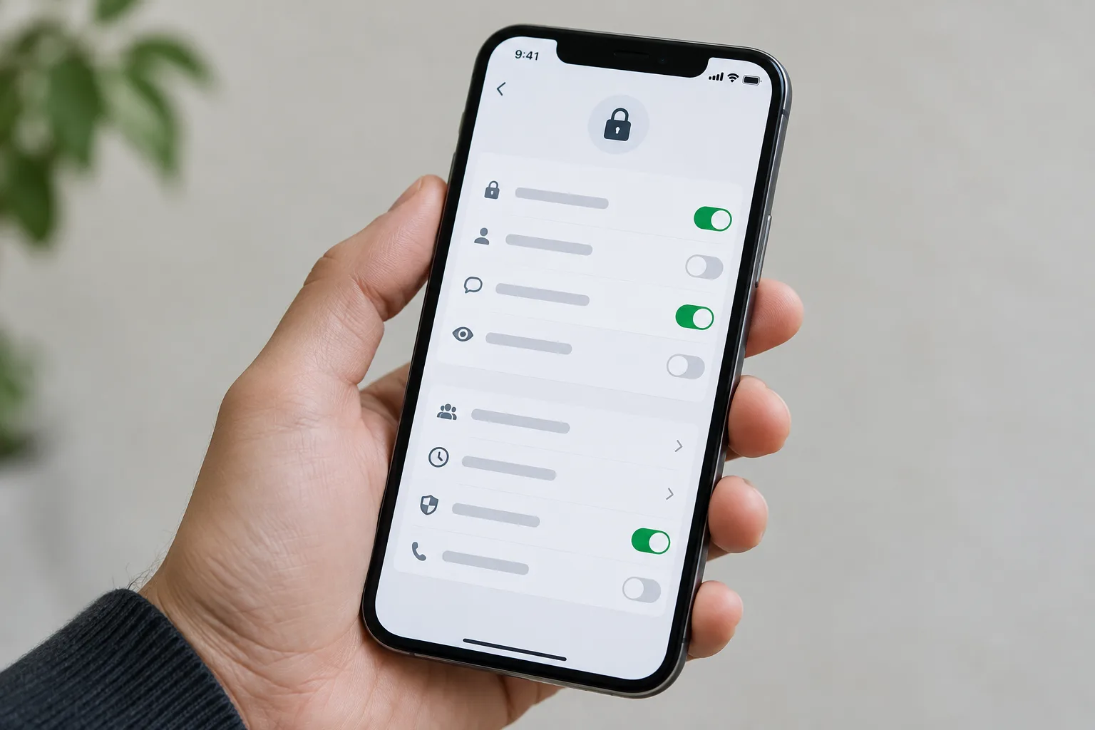 Un téléphone affiche une page de réglages de confidentialité avec des options activables.