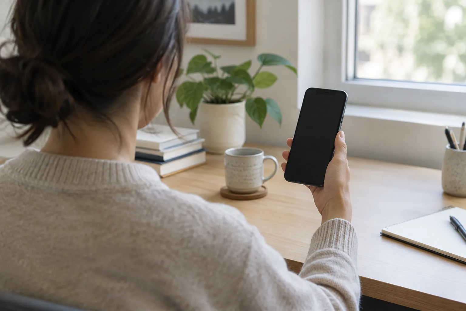 Une personne prépare un appel vidéo sur son téléphone dans un espace de travail calme.