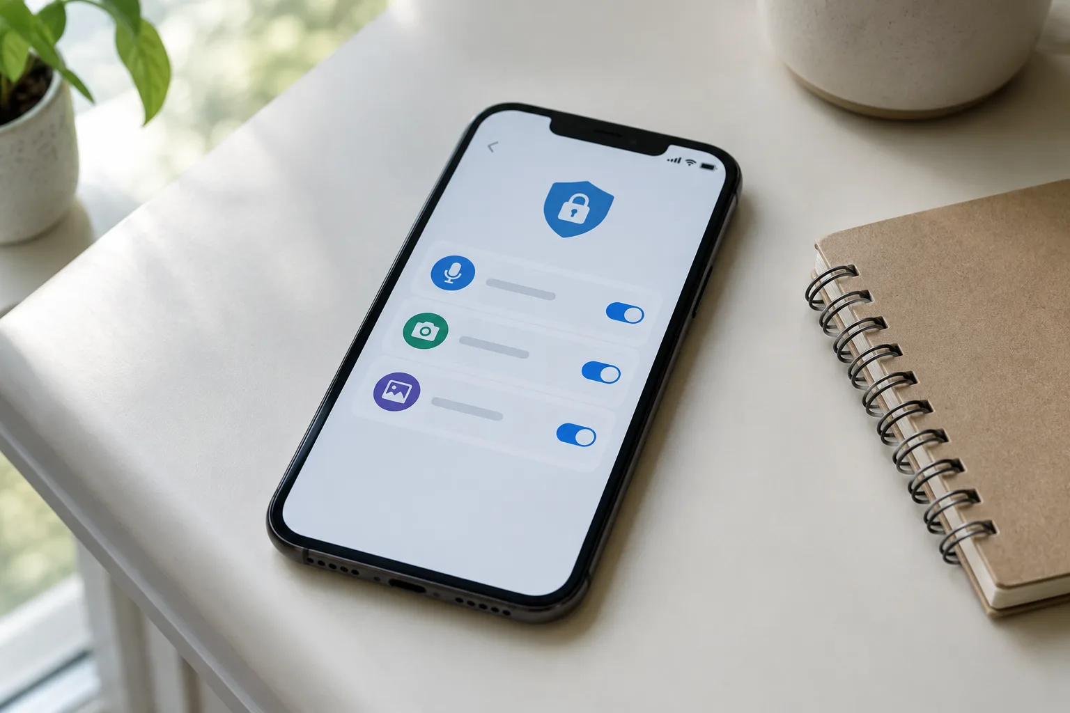 Un smartphone affiche des icônes génériques d’autorisations pour le micro, la caméra et les photos.