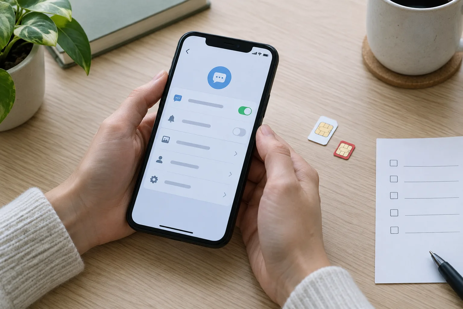 Un téléphone, deux cartes SIM et une liste de vérification posés sur un bureau.