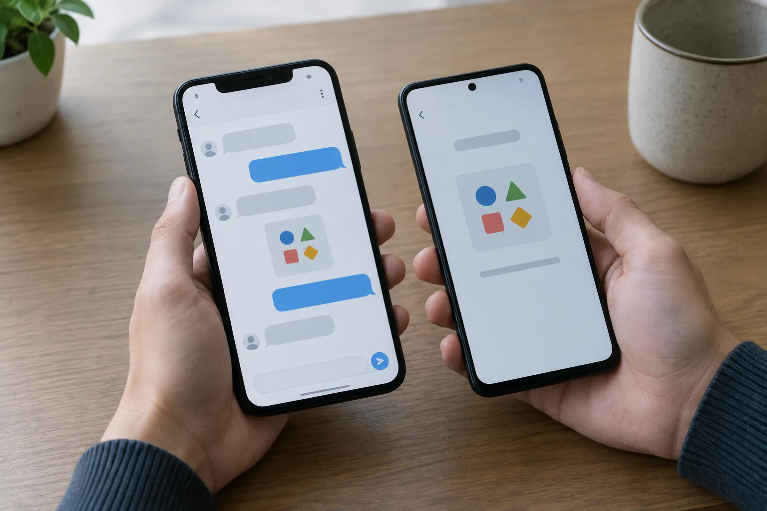 Deux téléphones affichent une conversation générique pendant que des mains comparent un code de vérification.