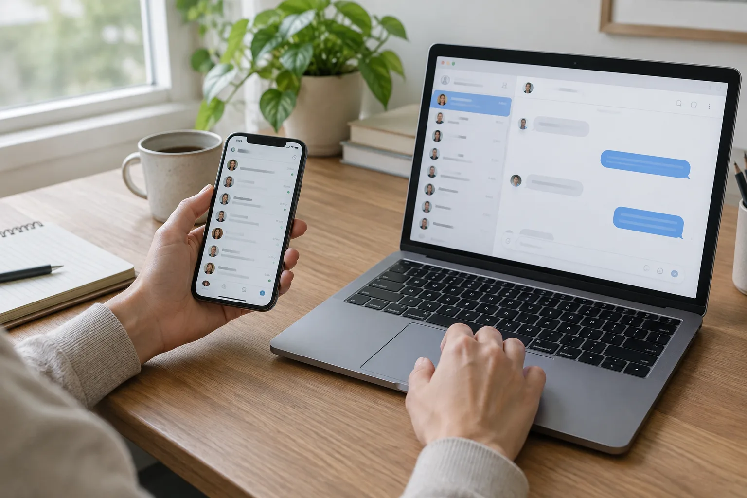 Une personne compare des applications de messagerie sur un téléphone et un ordinateur portable.