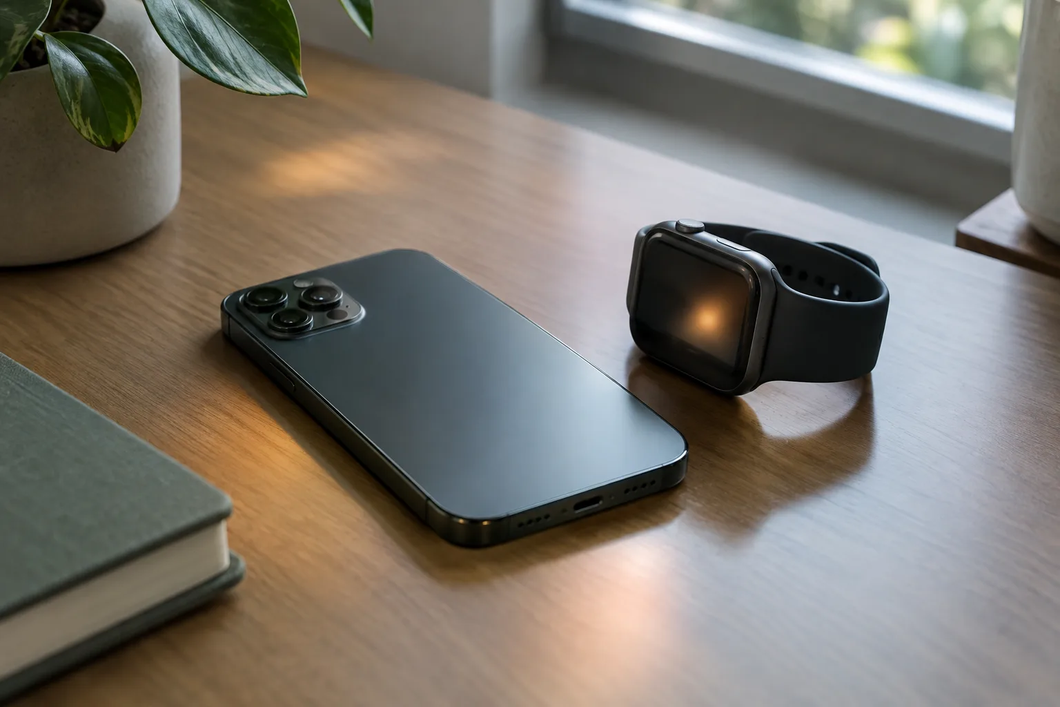 Un téléphone posé face contre la table à côté d’une montre connectée, pour évoquer la discrétion des notifications.