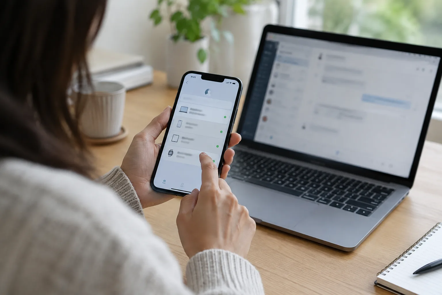 Une personne vérifie les appareils connectés à sa messagerie sur un téléphone posé près d’un ordinateur portable.