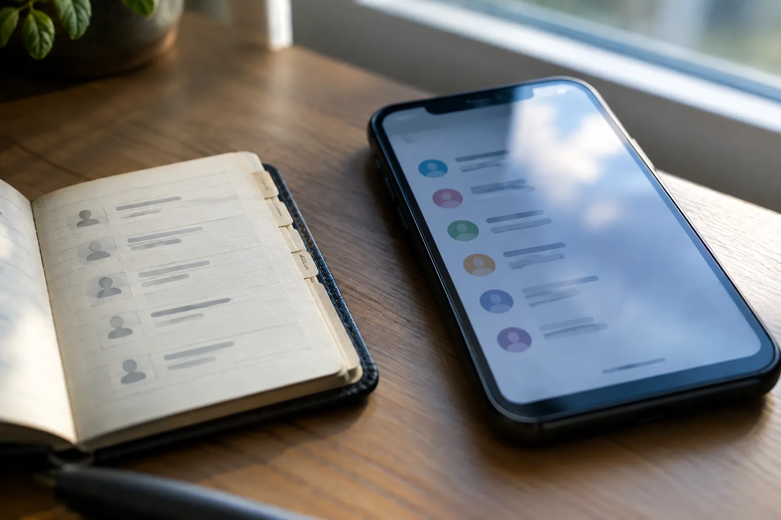 Un carnet d’adresses et un téléphone illustrent les différentes informations associées aux contacts.