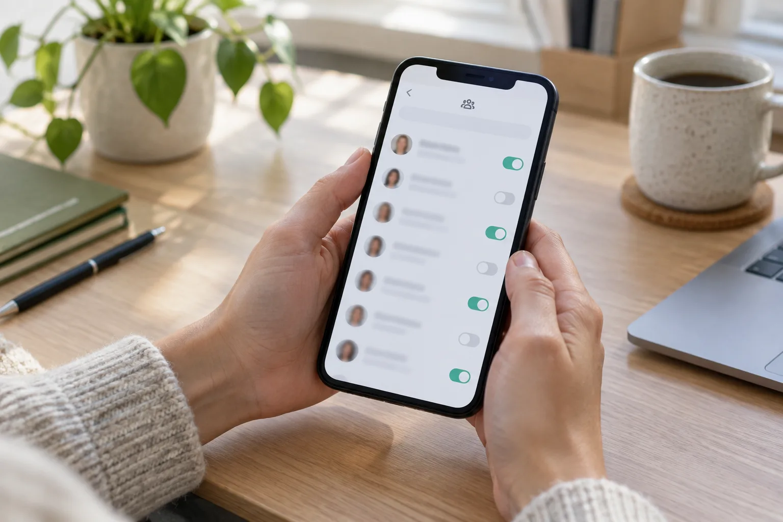 Des mains consultent sur un téléphone une liste de suggestions de contacts aux éléments illisibles.