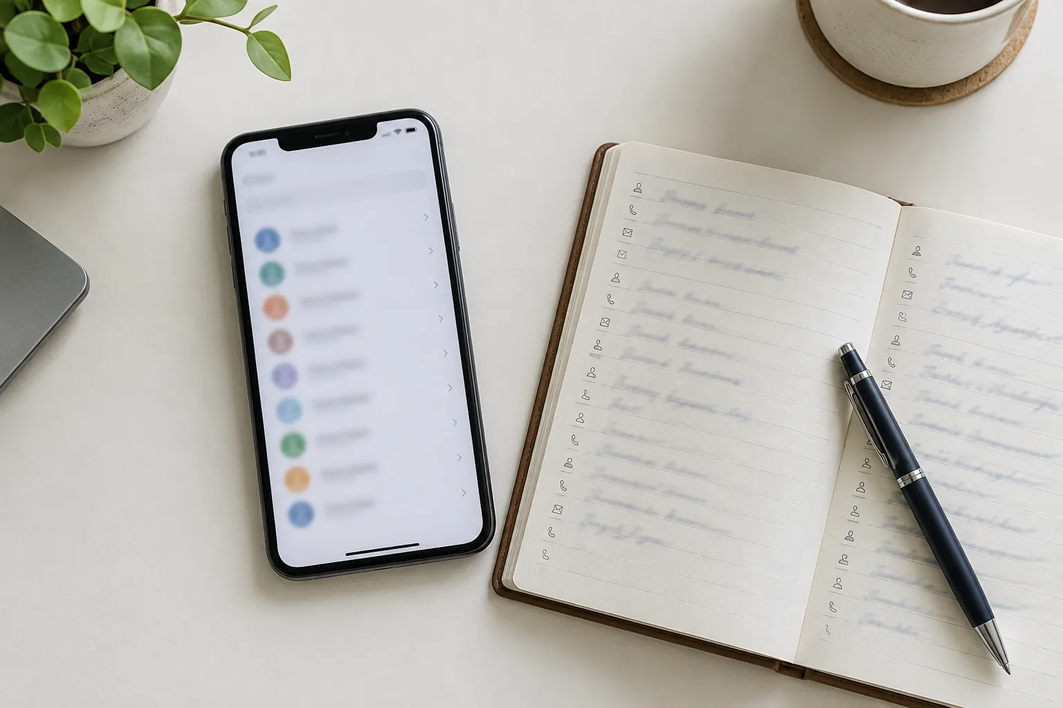 Un téléphone posé près d’un carnet d’adresses ouvert, évoquant la gestion des contacts synchronisés.