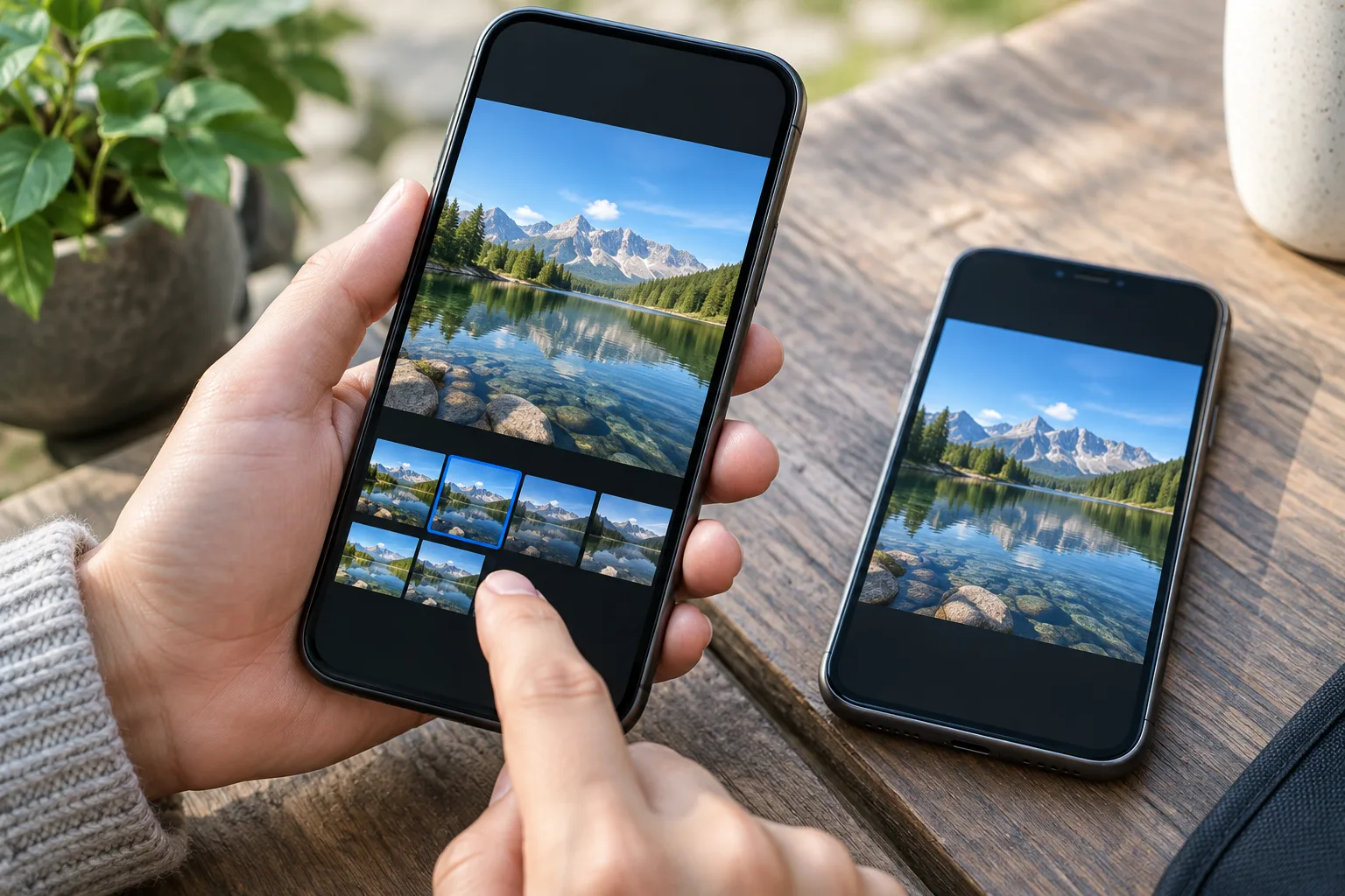 Une personne sélectionne une photo sur son téléphone avant de l’envoyer, avec un second appareil montrant l’image.