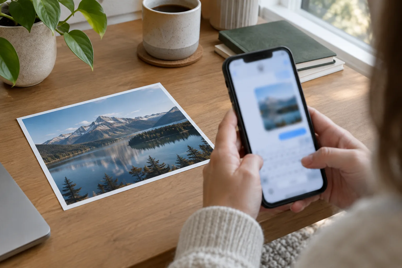 Des mains tiennent un smartphone près d’une photo imprimée, pour illustrer le partage d’images en messagerie.