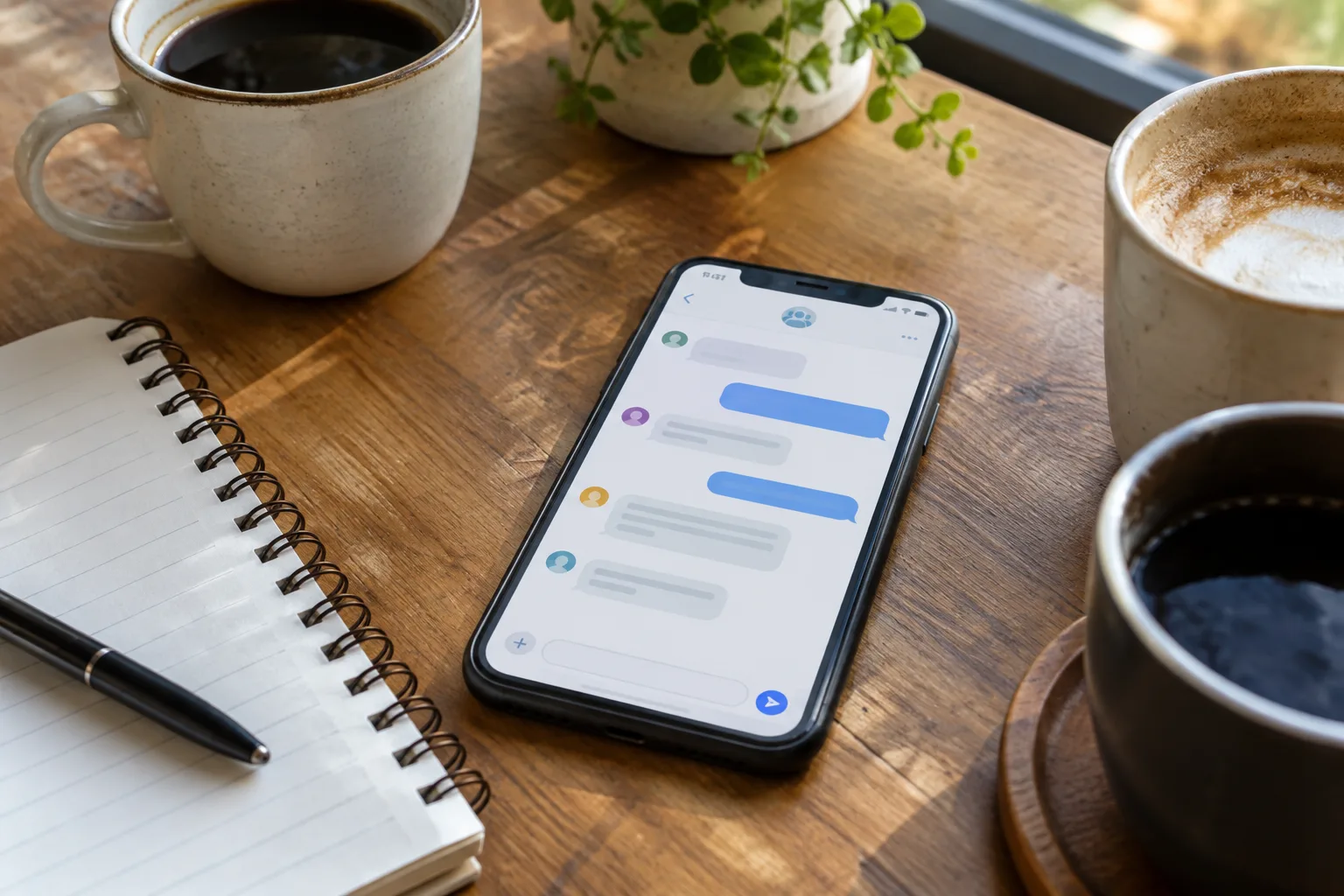 Un smartphone affichant une conversation de groupe, posé près d’un carnet et de tasses.