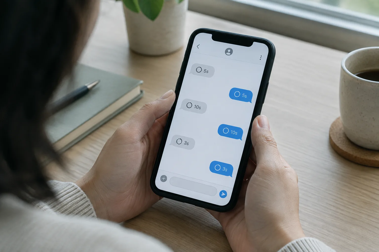 Un téléphone affiche une conversation générique avec un symbole de durée temporaire.