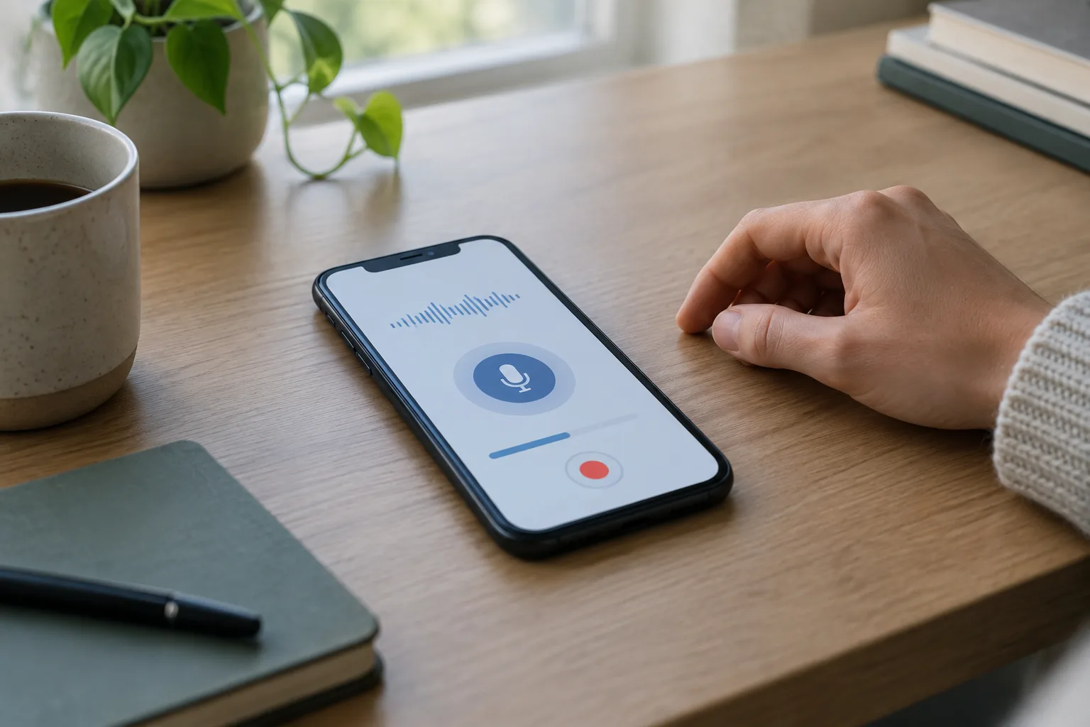 Un téléphone posé sur un bureau pendant l’enregistrement d’un message vocal.