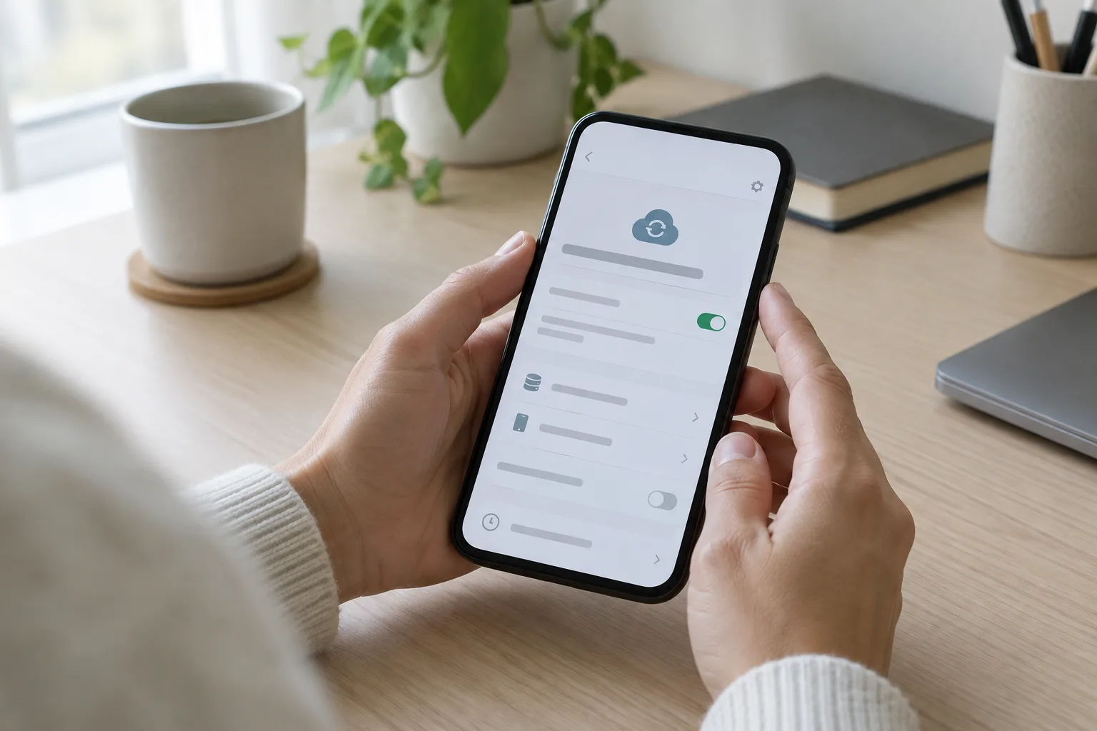 Une personne consulte les réglages de sauvegarde d’une application sur son téléphone.