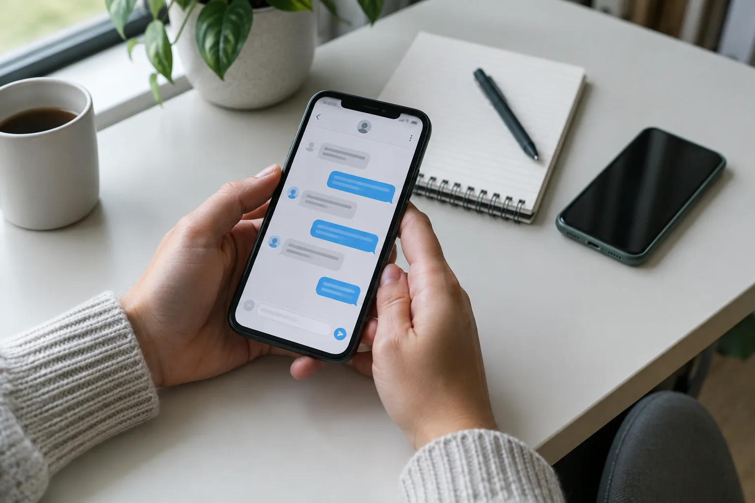 Une personne consulte une interface de messagerie générique sur son smartphone, près d’un carnet et d’un second téléphone.