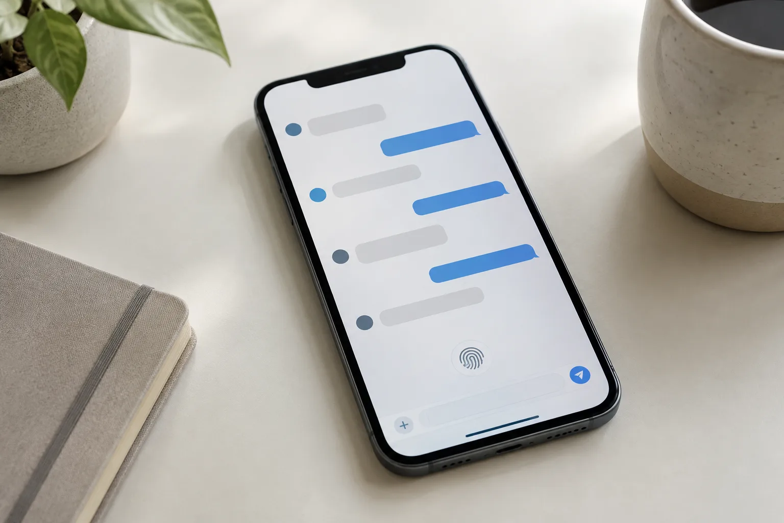 Téléphone affichant une interface de messagerie générique avec un symbole de verrouillage biométrique.